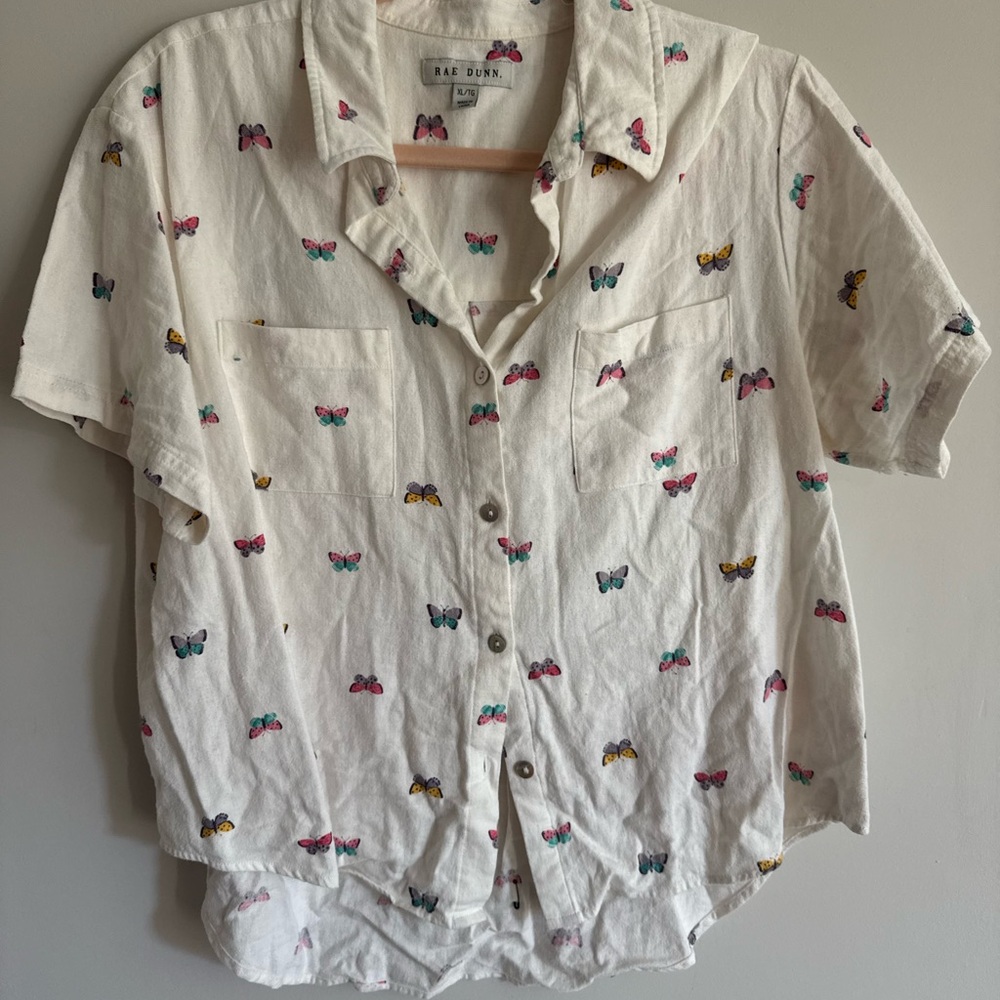 Rae Dunn Women’s Butterfly Print Shirt - White - Size XL